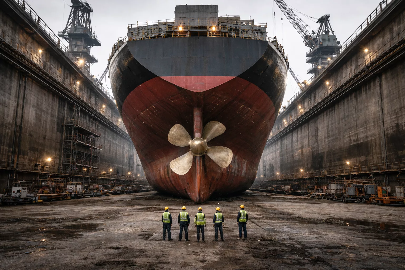 Dry dock süreci kapsamında kuru havuza alınan devasa ticari geminin karina ve pervane bakımı.