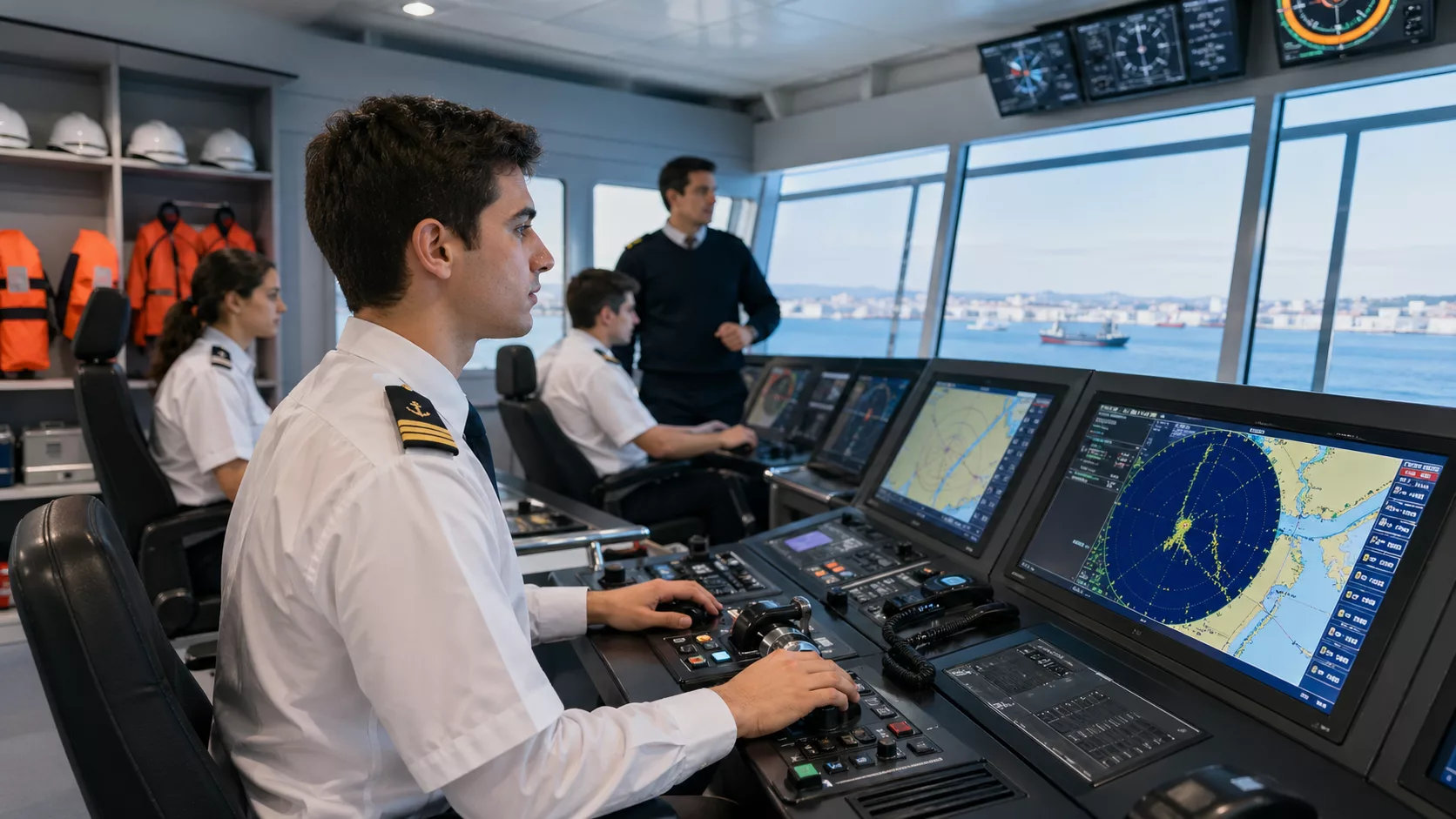 Denizcilik kursu öğrencileri uygulamalı gemici eğitimi sırasında STCW güvenlik ekipmanlarını öğreniyor.
