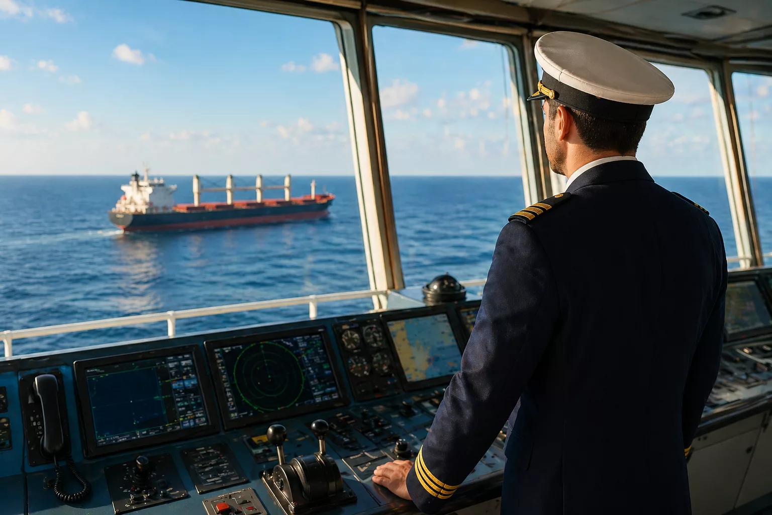 Gemi kaptanı nasıl olunur sorusuna yönelik köprüüstü simülasyonunda eğitim alan kaptan adayları.