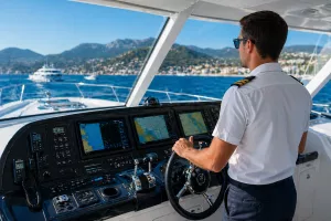 Yat kaptanlığı ehliyeti başvuru sürecine hazırlanan aday köprüüstü simülasyonunda yat kaptanı eğitimi alıyor.