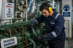 Yağcı eğitimi alan aday makine dairesinde gemi makineleri ve yağlama sistemlerini inceliyor.