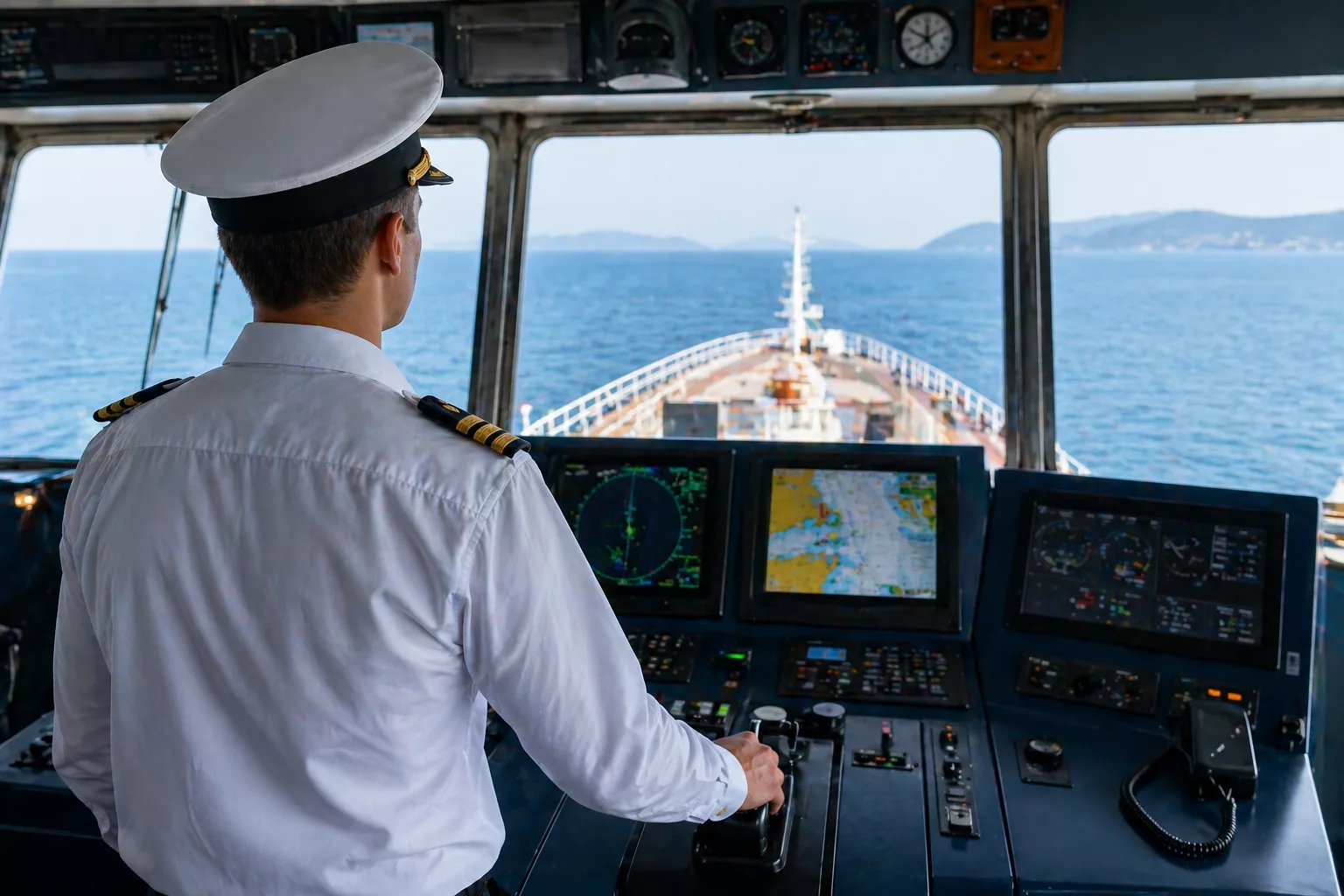 Gemi zabiti nasıl olunur sorusuna yönelik köprüüstünde seyir nöbeti tutan güverte zabiti radar ve navigasyon ekranlarını kontrol ediyor.