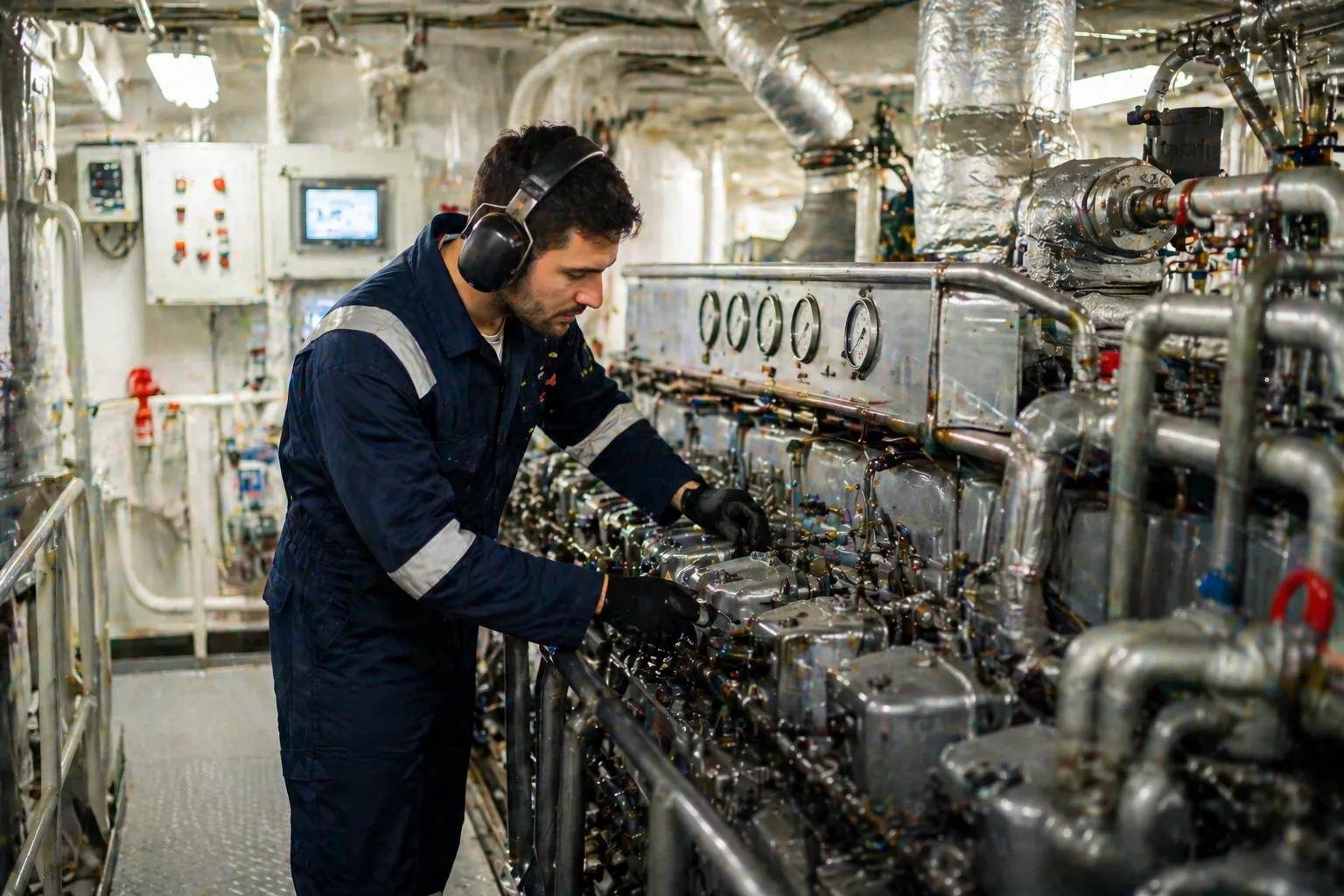 Gemi makinisti nasıl olunur sorusuna yönelik makine dairesinde görev yapan makinist, gemi motorları ve kontrol sistemlerini inceliyor.