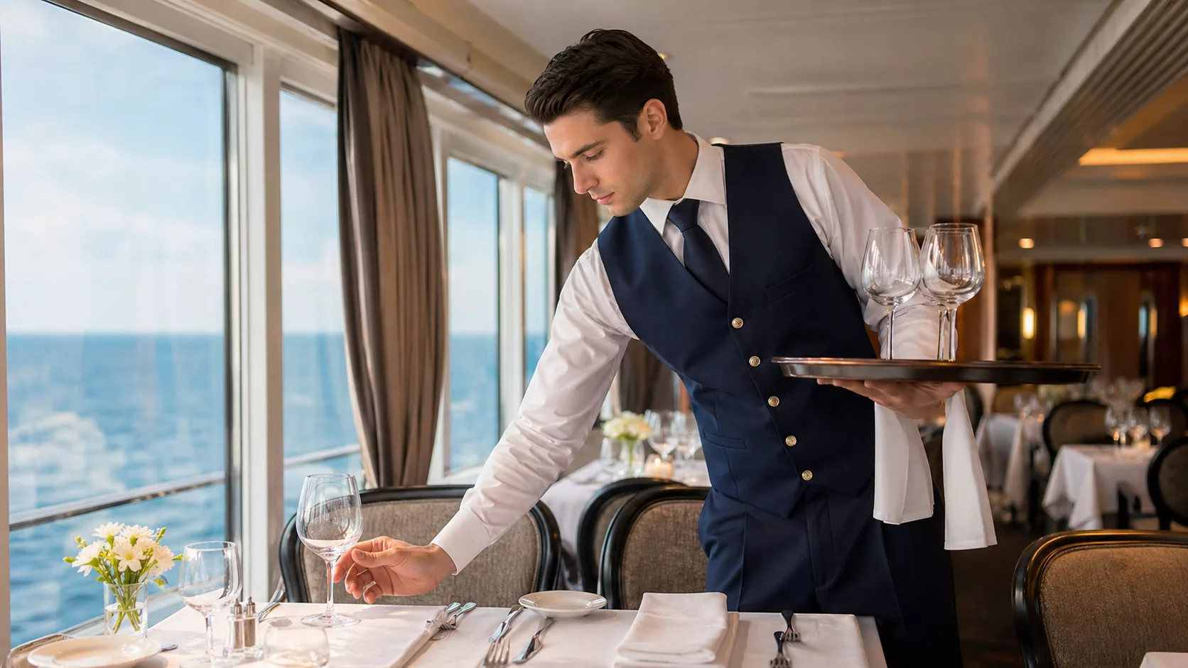 Kamarot olarak yolcu gemisinde servis hazırlığı yapan personel, kabin düzeni ve temizlik süreçlerini kontrol ediyor.