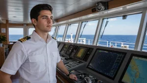Kaptan olmak için ne gerekli sorusuna yönelik köprüüstünde seyir eğitimi alan kaptan adayı.