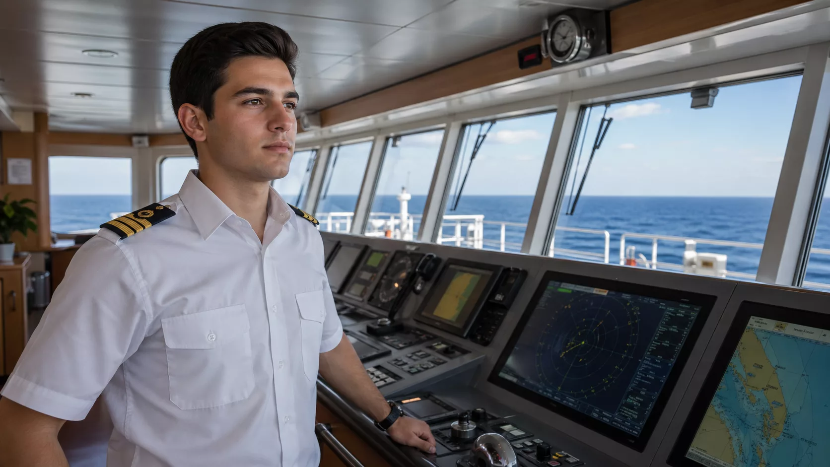 Kaptan olmak için ne gerekli sorusuna yönelik köprüüstünde seyir eğitimi alan kaptan adayı.