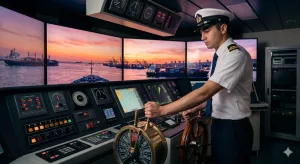 Kaptanlık kursu öğrencisi simülasyon eğitimi alırken köprüüstü cihazlarını kullanıyor.