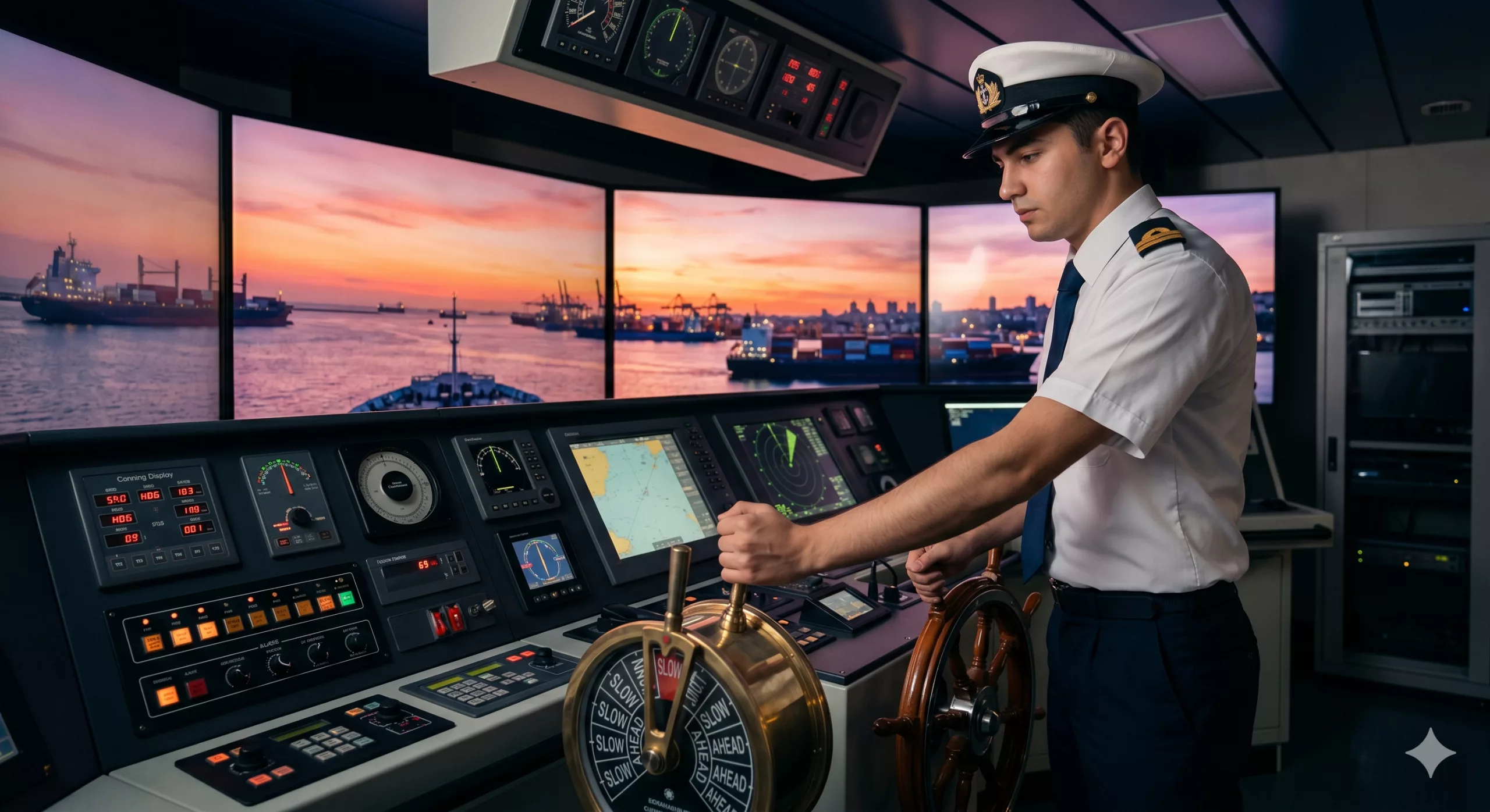 Kaptanlık kursu öğrencisi simülasyon eğitimi alırken köprüüstü cihazlarını kullanıyor.