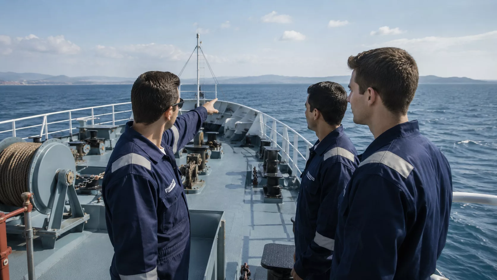 Pruva pupa iskele sancak yönlerini gemi güvertesinde öğrenen denizcilik öğrencileri.