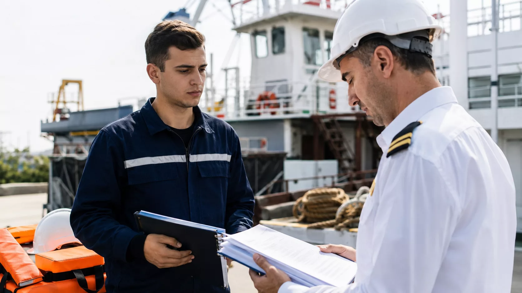 Gemi adamı olma şartları için sağlık raporu, STCW eğitimi ve başvuru belgelerini inceleyen denizcilik adayı.