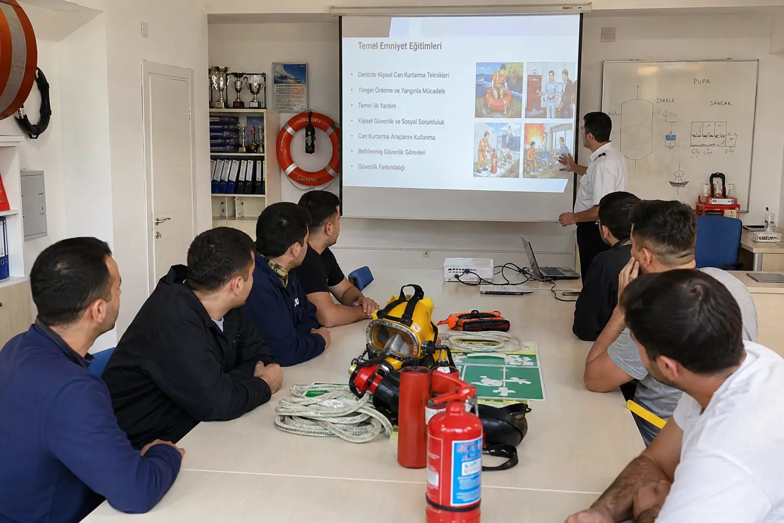 STCW belgeleri için temel deniz güvenliği eğitimi alan adaylar liman başkanlığı başvuru evraklarını inceliyor.
