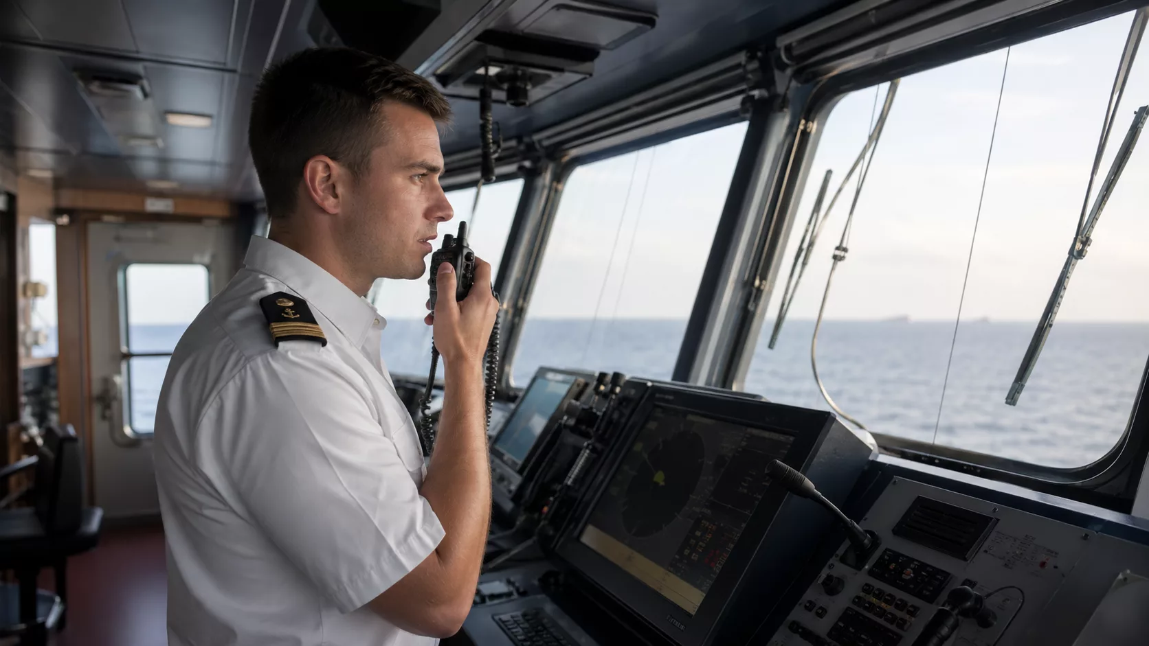 Telsiz konuşma kodları eğitimi alan denizcilik öğrencisi VHF telsiz üzerinden Alpha Bravo Charlie fonetik alfabesini uyguluyor.