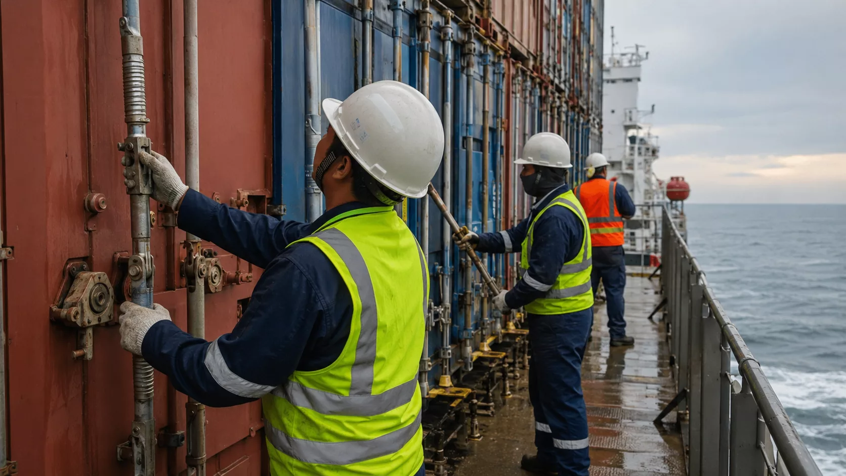 Lashing nedir sorusunu öğrenen denizcilik öğrencileri gemi güvertesinde konteyner lashing ekipmanları ve twistlock sistemini inceliyor.