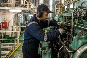 Gemide çarkçı nedir sorusuna yönelik makine dairesinde gemi makinelerini kontrol eden teknik personel.