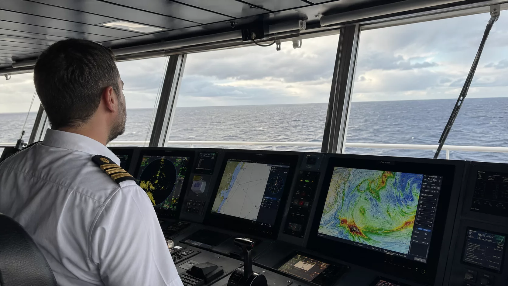 Gemi hava raporları değerlendiren vardiya zabiti köprüüstünde deniz hava raporu, swell ve rota planlama bilgilerini inceliyor.