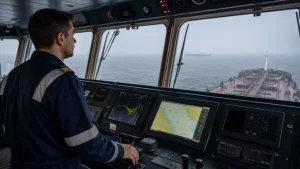 Gemi siren kodları ve düdük işaretlerini öğrenen denizcilik öğrencileri köprüüstünde sisli havada ses işaretleri ve COLREG kurallarını inceliyor.