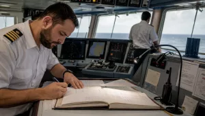 Süvari defteri nedir sorusunu öğrenen denizcilik öğrencileri köprüüstünde deck log book, gemi günlük kayıtları ve seyir defteri kayıtlarını inceliyor.
