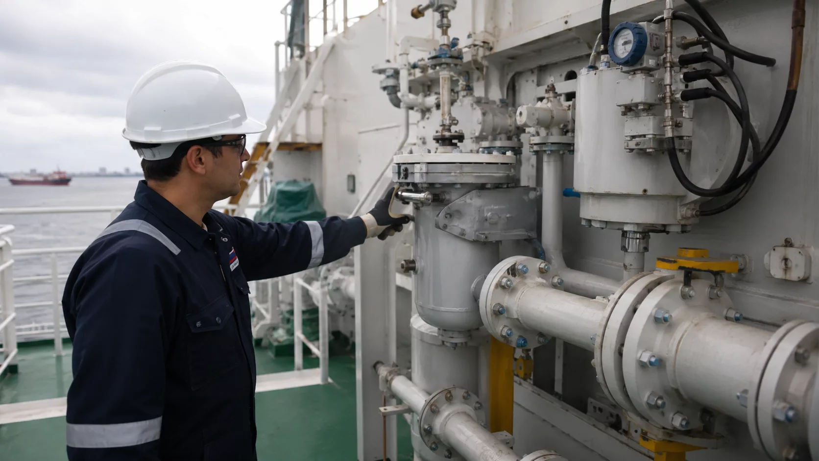 Ballast Water Management Convention hakkında eğitim alan denizcilik öğrencileri gemide balast suyu yönetimi, arıtma sistemi ve çevre koruma konularını inceliyor.