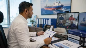 DPA nedir sorusunu öğrenen denizcilik öğrencileri ofiste Designated Person Ashore, ISM Code, SMS ve iç denetim süreçlerini inceliyor.
