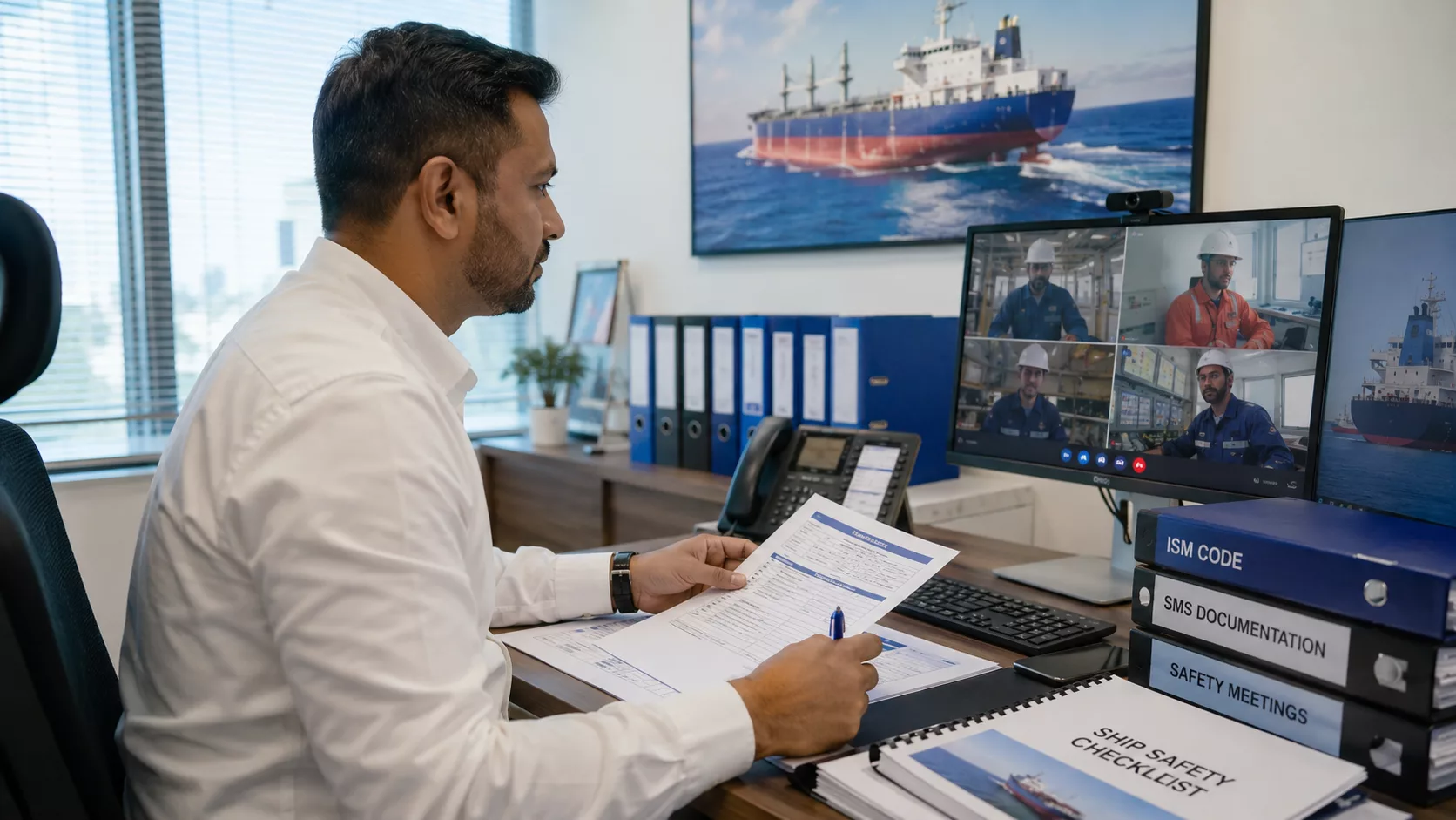 DPA nedir sorusunu öğrenen denizcilik öğrencileri ofiste Designated Person Ashore, ISM Code, SMS ve iç denetim süreçlerini inceliyor.
