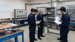 ETO tamamlama eğitimi sırasında elektrik panosunda ölçüm ve kontrol uygulaması yapan kursiyerler