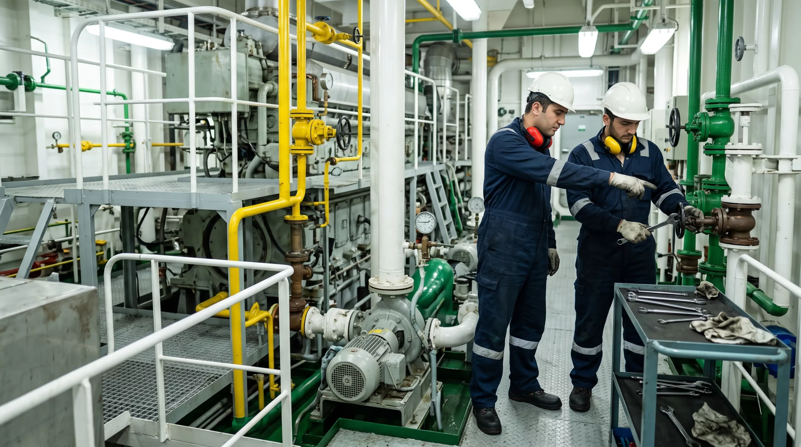 Makine lostromosu ve usta makine tayfası gemi makine dairesinde bakım-onarım çalışması yaparken