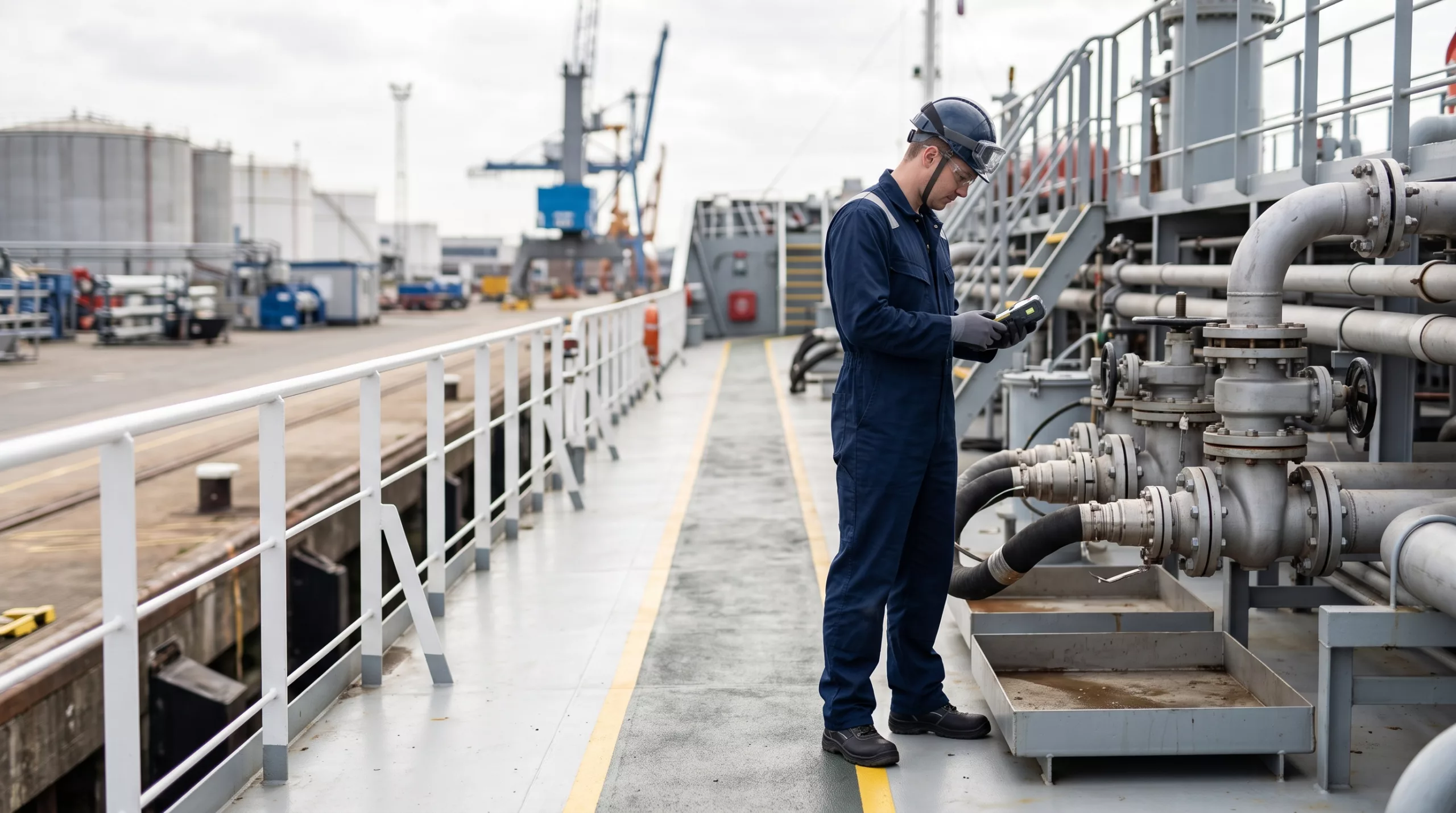 Tanker eğitimleri kapsamında tanker yük hattında gaz ölçümü yapan gemiadamı