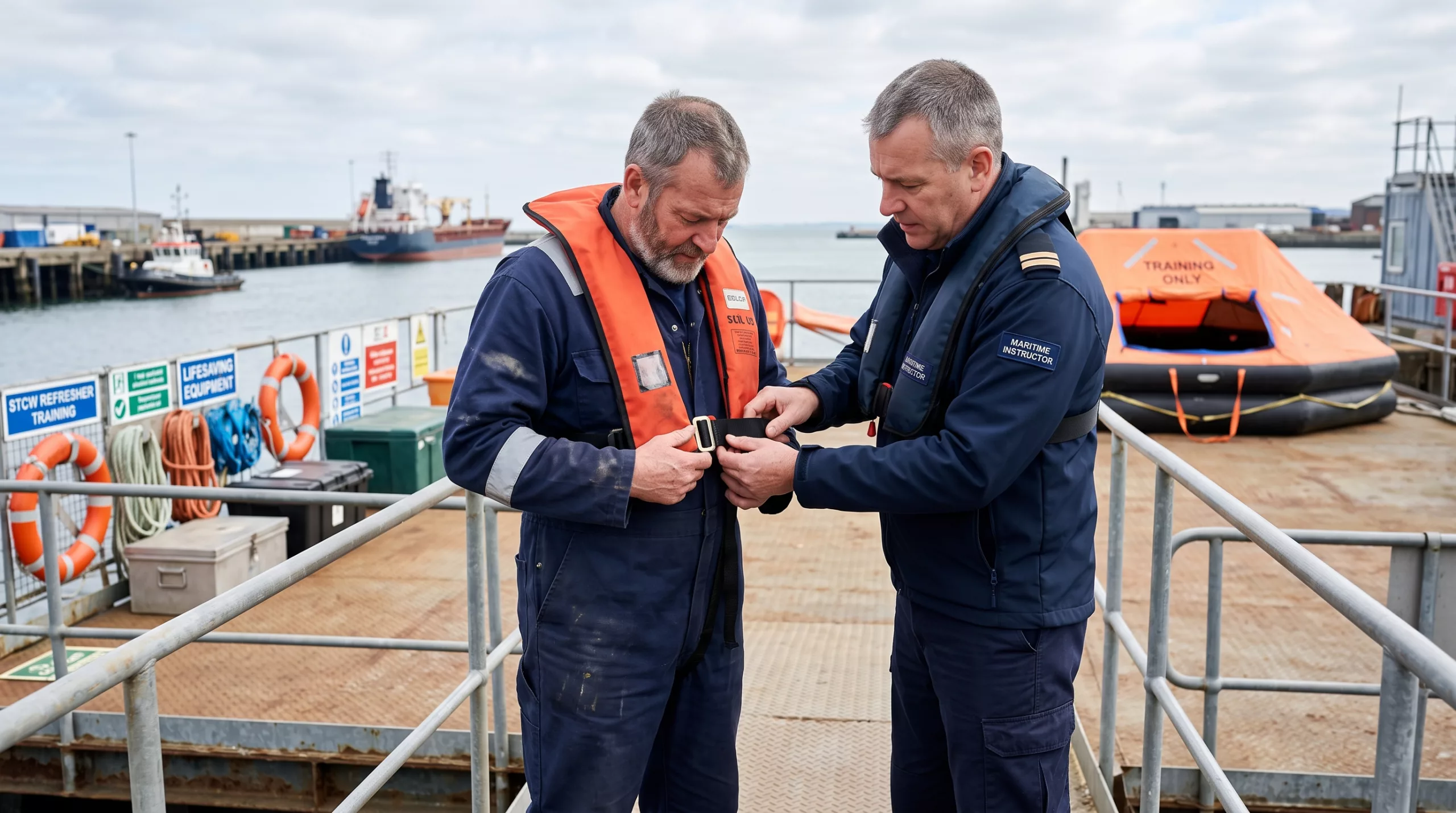 STCW belge yenileme için tazeleme eğitimini temsil eden sahnede can yeleğini kontrol eden gemiadamı ve eğitmen.